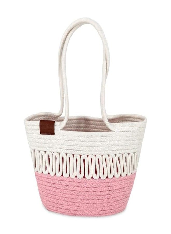 ROYAL TREND Women Stylish Pure Cotton Boho Fancy Handmade Handbags Tote Basket Bag Shoulder Purse For Ladies Girls College Office Shopping Travel Gift For Sister Pink White, 13.3" H x 16.5" L - Image 1